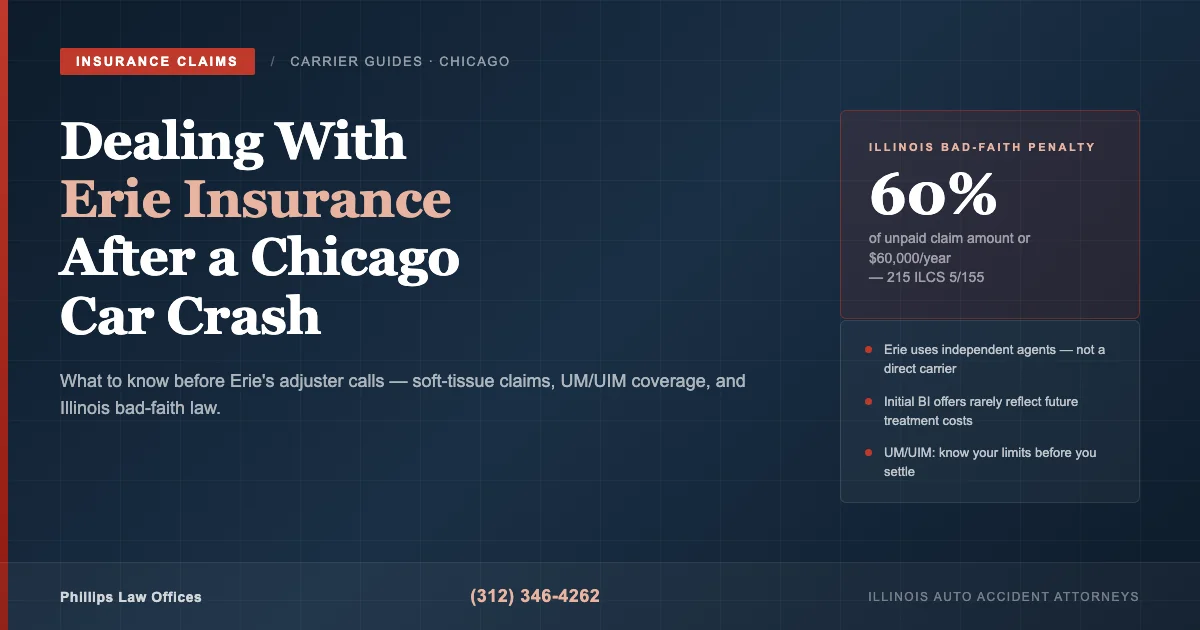 Editorial cover: Dealing With Erie Insurance After a Chicago Car Crash — Illinois bad-faith law and claim stages guide