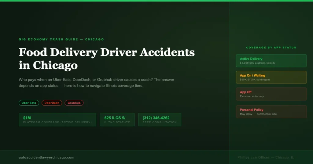 Food delivery driver accident coverage guide for Chicago — Uber Eats, DoorDash, Grubhub insurance tiers — Phillips Law Offices