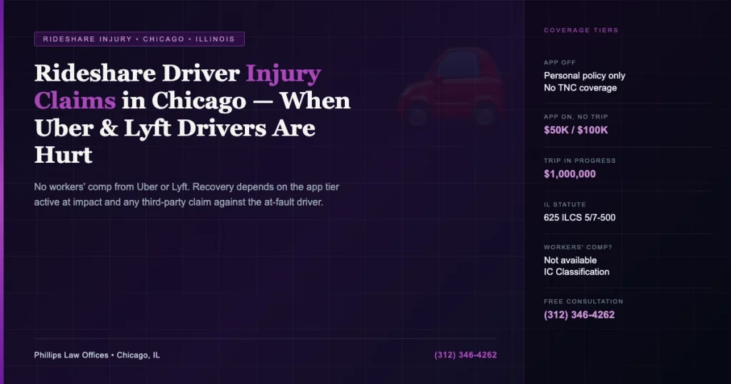 Rideshare driver injury claim Chicago — Uber and Lyft coverage tiers explained by Phillips Law Offices