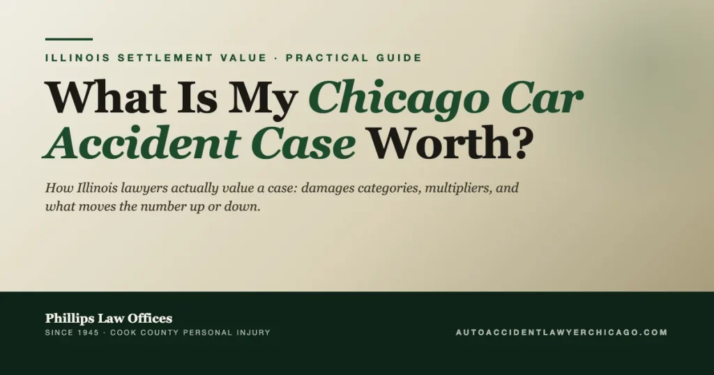Editorial cover graphic for guide on what a Chicago car accident case is worth