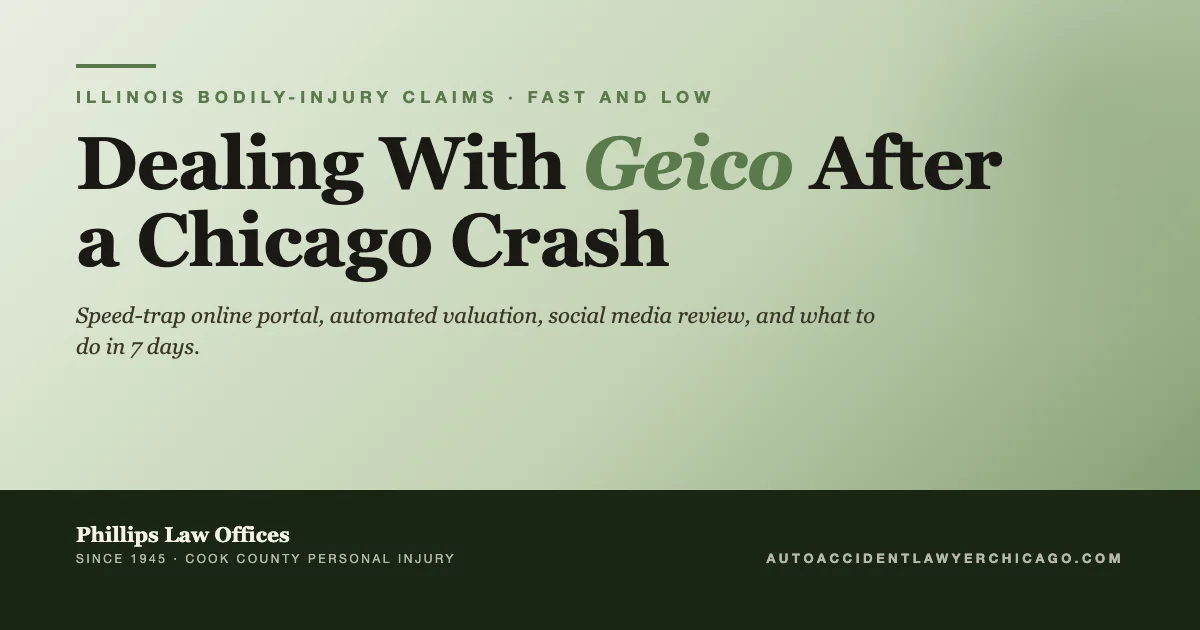 Editorial cover graphic for guide on dealing with Geico after a Chicago crash