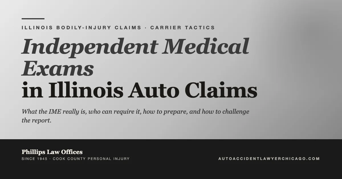 Editorial cover graphic for guide on Independent Medical Exams in Illinois auto claims
