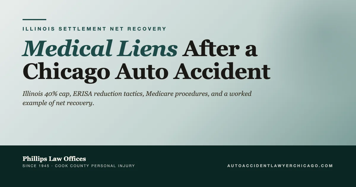 Editorial cover graphic for guide on medical liens after a Chicago auto accident
