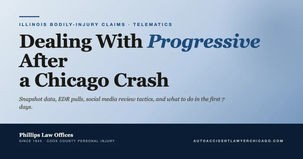 Editorial cover graphic for guide on dealing with Progressive after a Chicago crash