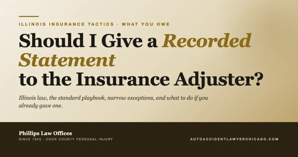 Editorial cover graphic for guide on recorded statements to insurance adjusters in Illinois