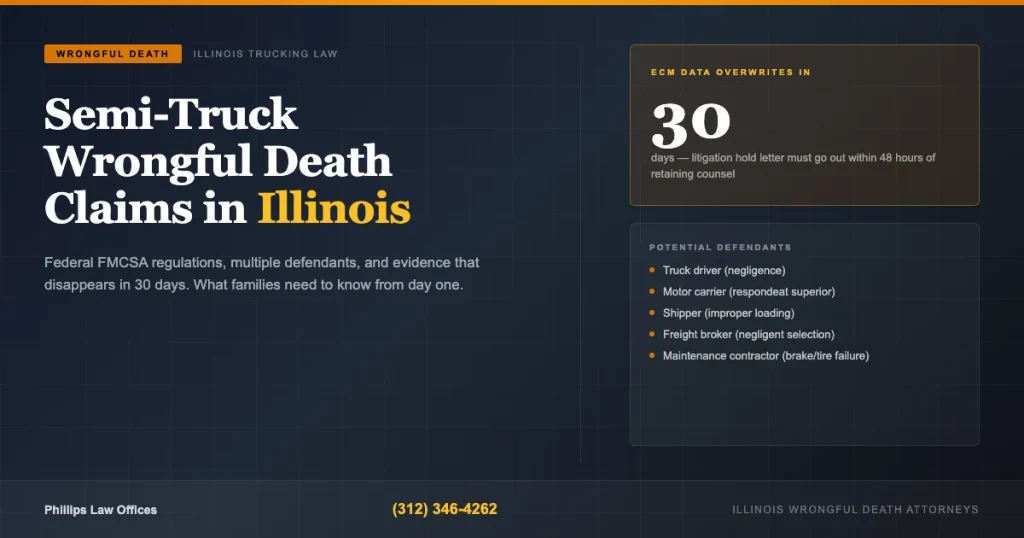 Editorial cover: Semi-Truck Wrongful Death Claims in Illinois — FMCSA regulations, multiple defendants, and the 48-hour evidence window