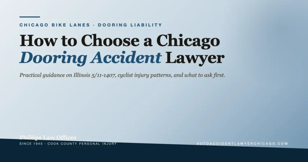 Editorial cover graphic for guide on how to choose a Chicago dooring accident lawyer