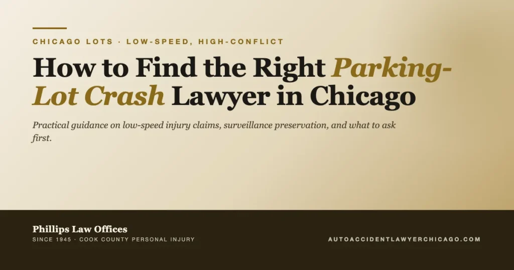 Editorial cover graphic for guide on how to find the right parking-lot crash lawyer in Chicago