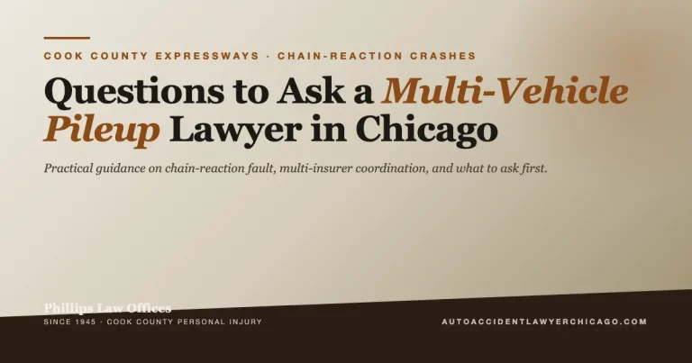 Editorial cover graphic for guide on questions to ask a multi-vehicle pileup lawyer in Chicago