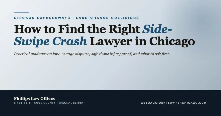 Editorial cover graphic for guide on how to find the right side-swipe crash lawyer in Chicago