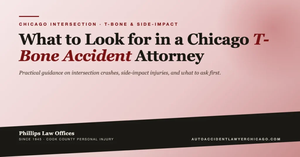 Editorial cover graphic for guide on what to look for in a Chicago T-bone accident attorney