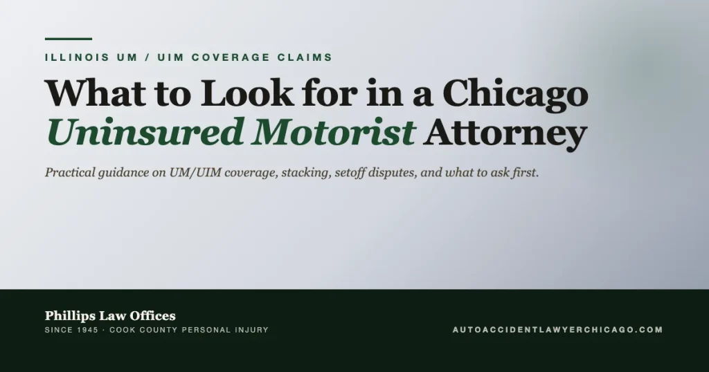 Editorial cover graphic for guide on what to look for in a Chicago uninsured motorist attorney