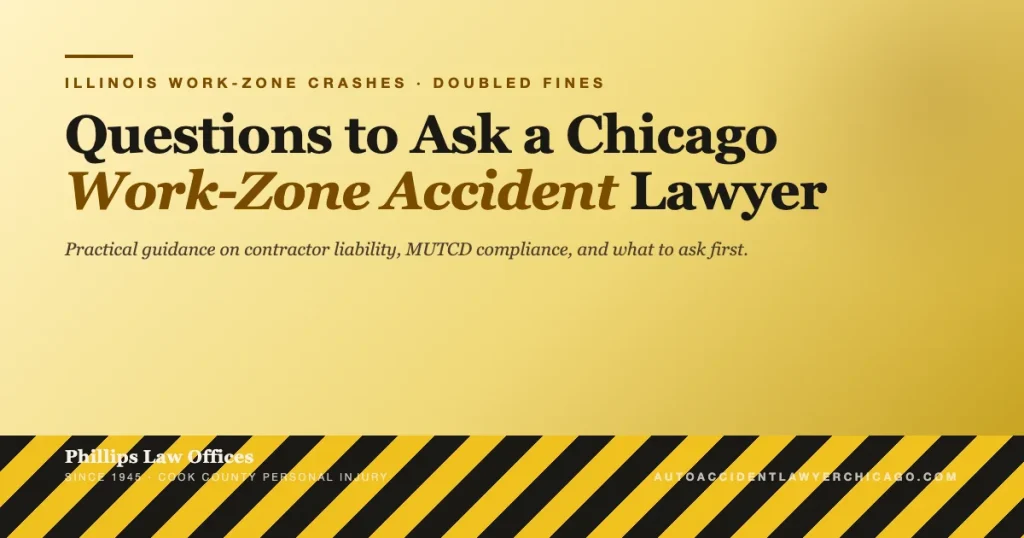 Editorial cover graphic for guide on questions to ask a Chicago work-zone accident lawyer